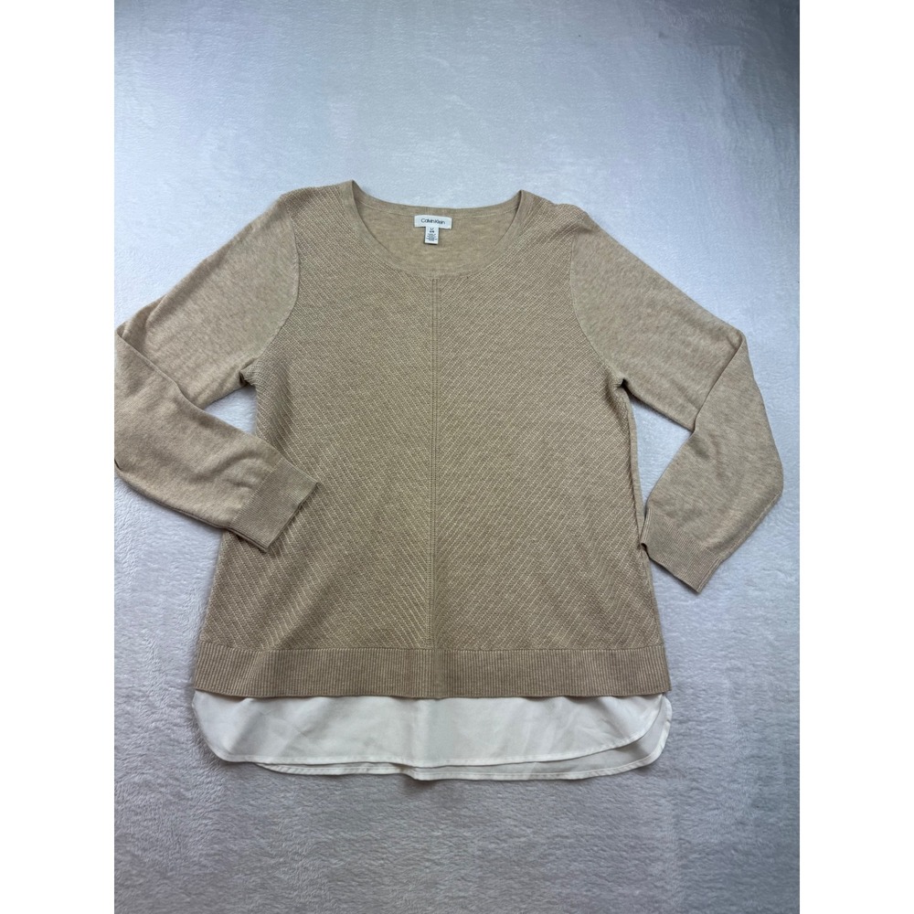 Calvin Klein Womens Tan Mixed Media Layered Hem Knit Sweater Top Large L